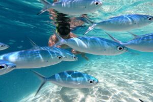 diver among the blue fish