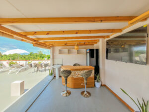 Covered bar, TV, sofas and terrace with deck chairs