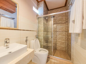 Bathroom with glass shower, toilet, sink and mirror